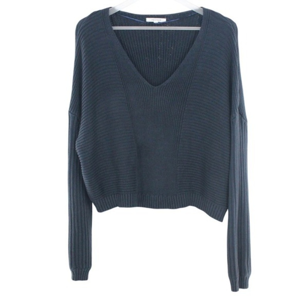 PacSun V-Neck Cropped Sweater Textured Knit Cotton Size L Navy Blue